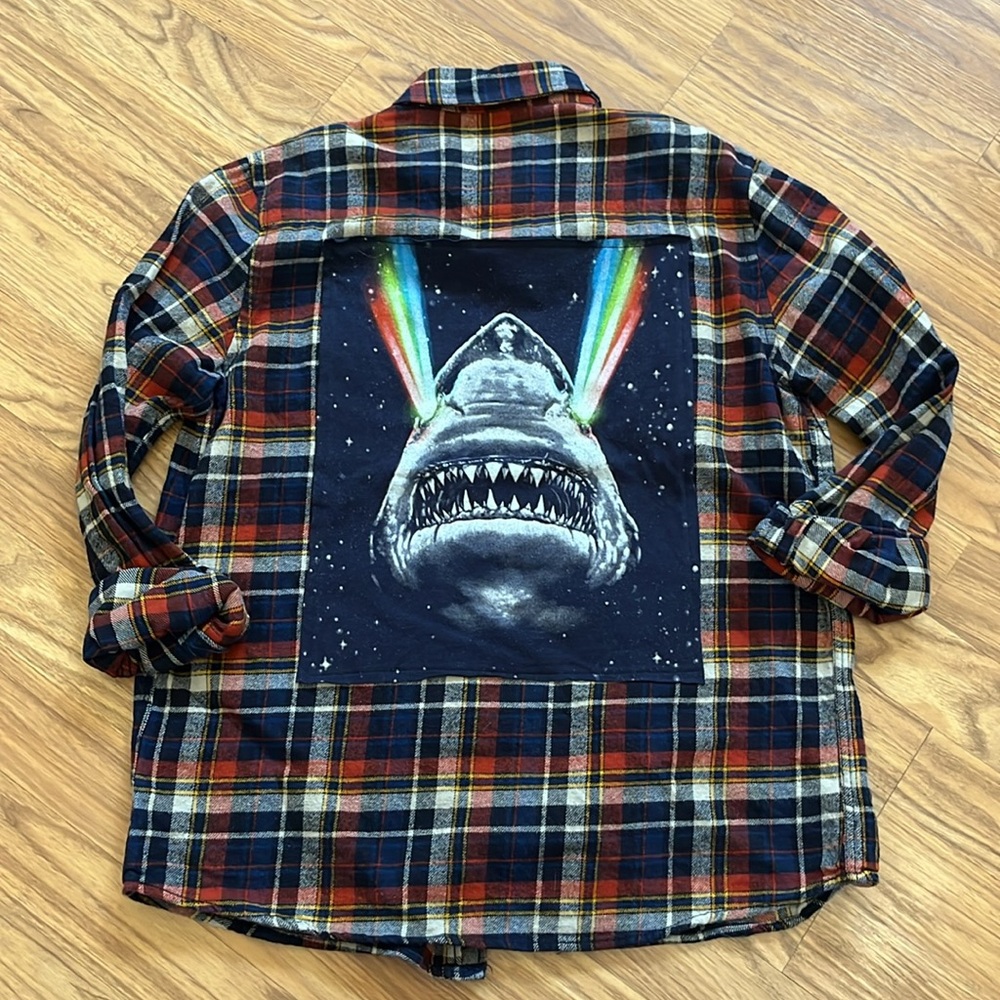Shark flannel shirt upcycled unisex size  US 14/16